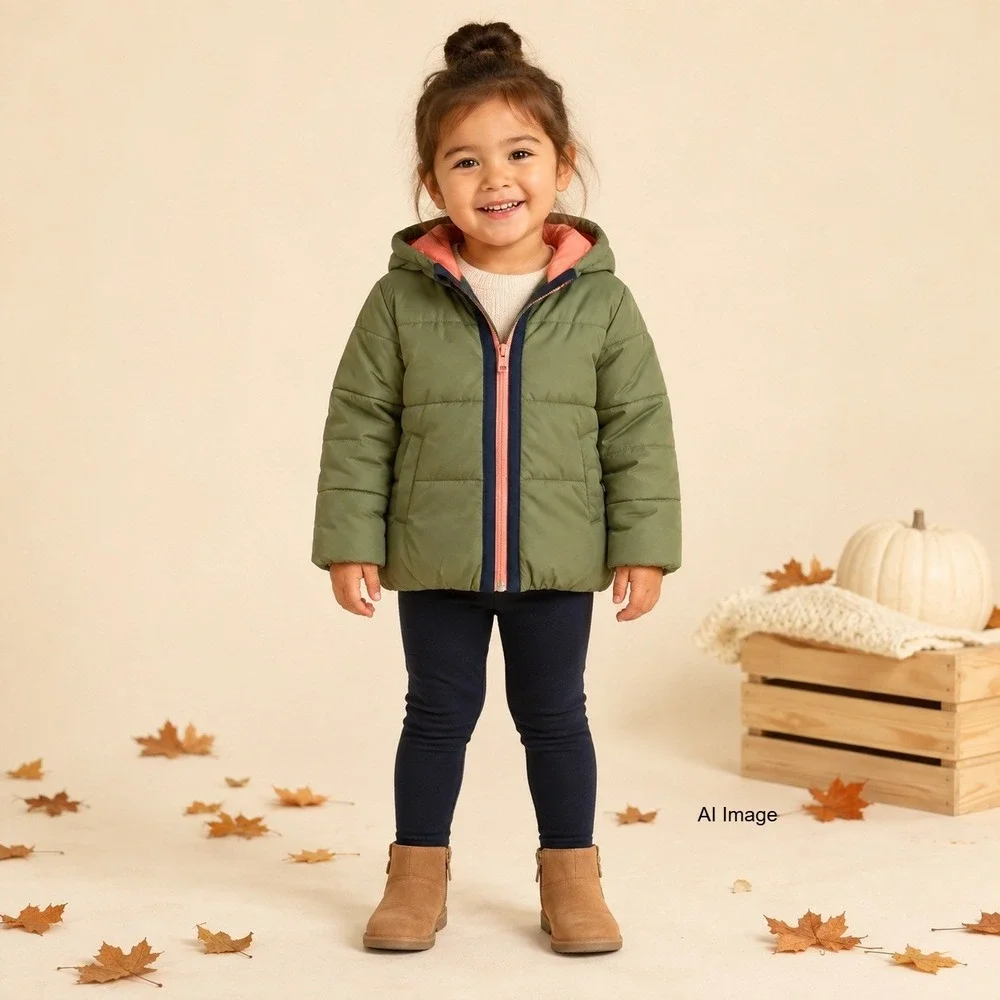 Gymboree Go Outside Puffer Jacket Kids XXS 3 Olive Green Hooded Peach Lining